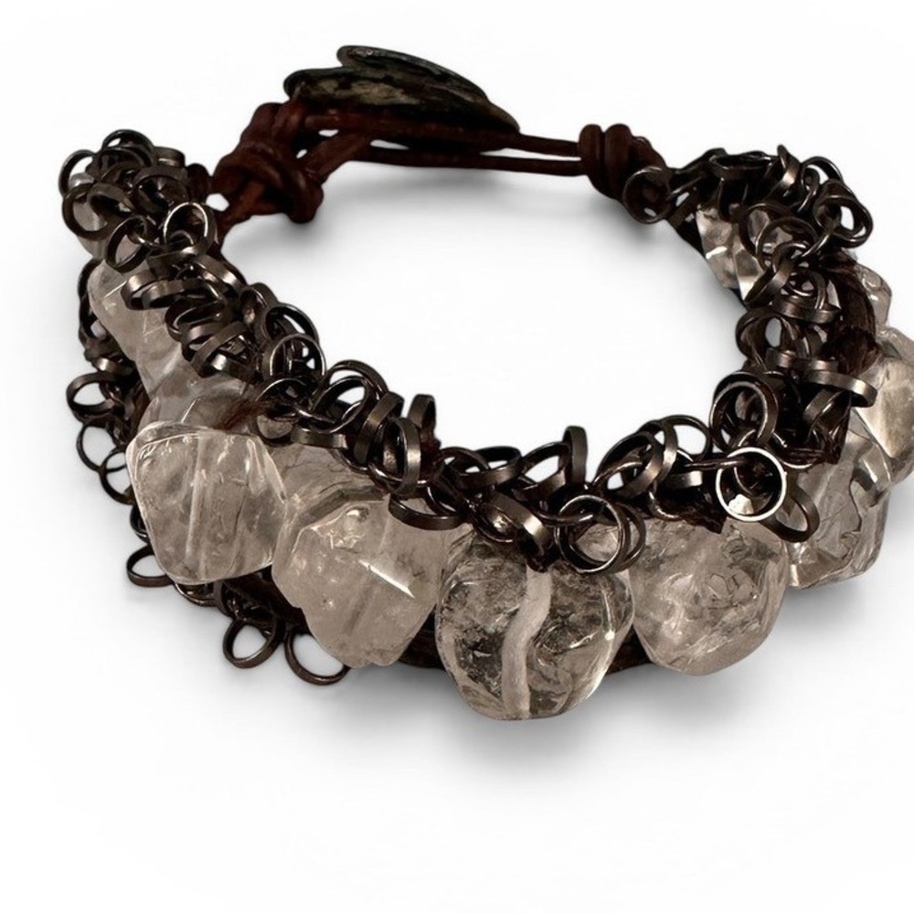 Artisanal Raw Quartz Chainmail Leather Bracelet Women OS Brown Silver‎ Good Boho
